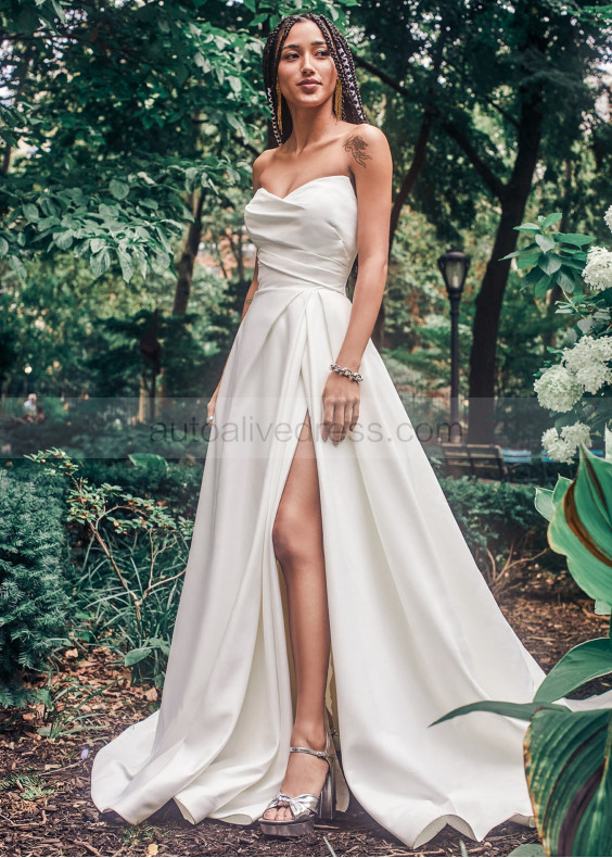 Strapless Ivory Pleated Satin Slit Sexy Wedding Dress